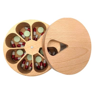 Pill Box Round 7 Day Wooden Pill Organiser Weekly Pill Dispenser Tablets Box with Lid Kitchen Spices Container, Pill case