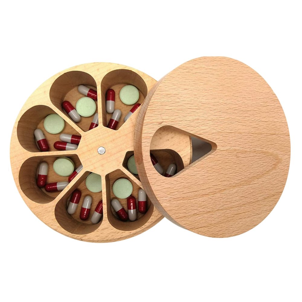 Pill Box Round 7 Day Wooden Pill Organiser Weekly Pill Dispenser Tablets Box with Lid Kitchen Spices Container, Pill case