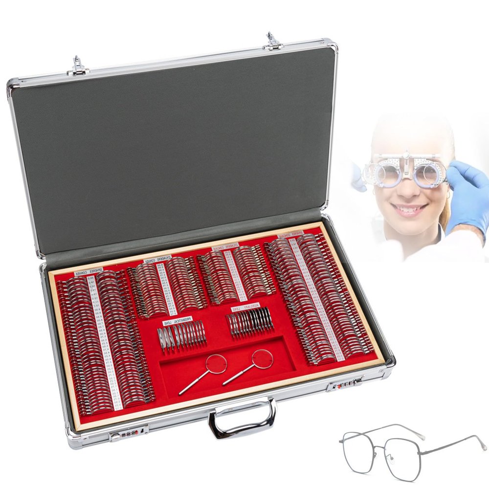 266 pcs Trial Lens Set Optical Kit with Metal Rim Wood Frame Aluminum Box Free Optometry Test Trial Frame, Storage Case, Suitable for Opticians and Eye Hospitals