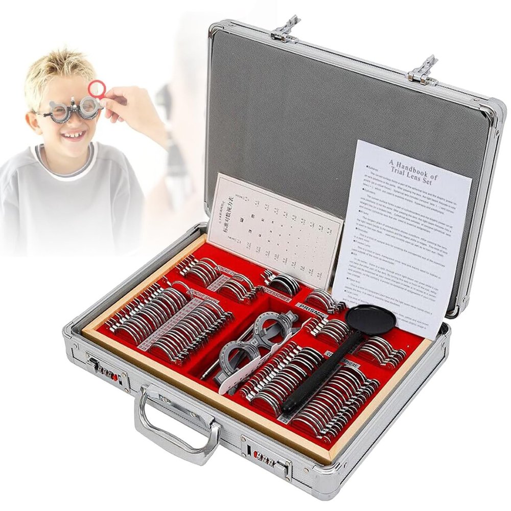 104Pcs Optical Trial Lens Set Metal Rim Optometry Kit Metal Rimmed Aluminum Box Trial Glasses Case Glasses Case, Free Optometry Test Trial Frame, Storage Case for Trial Lenses