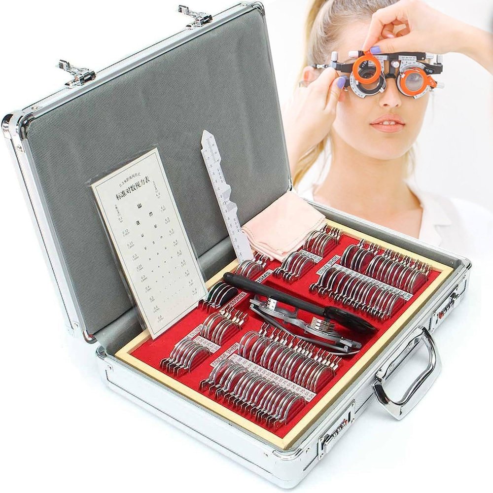 104Pcs Optical Trial Lens Set Plastic Rim Ophthalmic Trial Case Lenses with Trial Frame, 38mm Aperture, Aluminum Case, Optometry Box Equipment