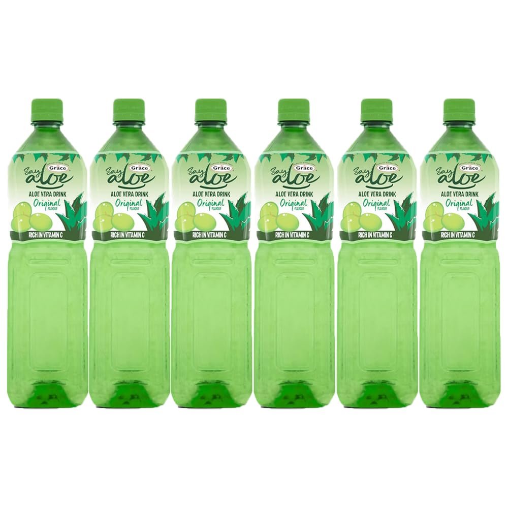 Grace Aloe Vera Drink Original 1.5L Pack of 6 Natural Grape Flavour Vitamin C Real Aloe Pieces Hydrate Juice Family Size Multipack Beverage with Welari Thank You Card | (6pack) (9L)