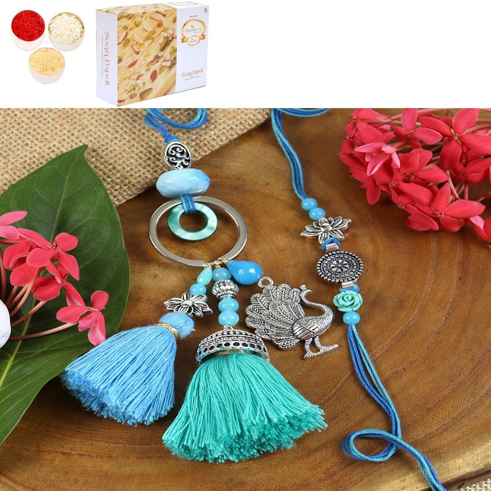 Ghasitaram Gifts Jaiccha Rakhi for Brother Rakhis Online LS24-088- Oxidized Peacock Bhaiya Bhabhi Rakhi with 400 GMS of Soan Papdi