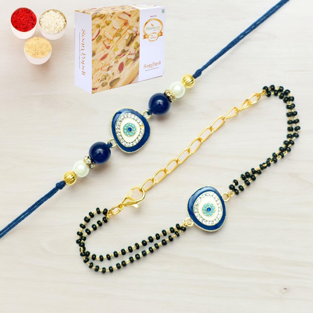 Ghasitaram Gifts Jaiccha Rakhi for Brother Rakhis Online Rmj- 5012 Bhaiya Bhabhi Rakhis with 400 GMS of Soan Papdi