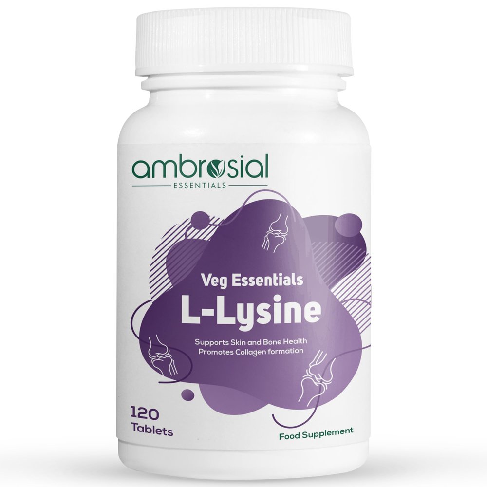 Ambrosial High Strength L-Lysine Tablets 500mg | Gluten Free Collagen Tablets | Essential Amino Acids for Immune Function & Collagen Synthesis | Lysine 500mg for Active Lifestyle (120 Tablets)