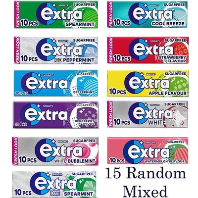 15 x Extra Sugarfree Chewing Gum Packs 10 Pieces - Sugar Free Chewing gum with Sweetners & Flavours (Random Mixed)