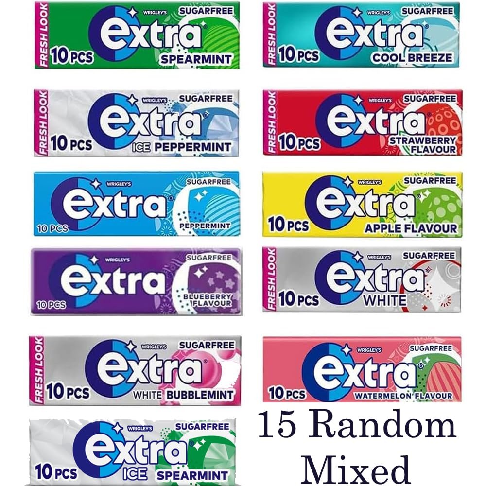 15 x Extra Sugarfree Chewing Gum Packs 10 Pieces - Sugar Free Chewing gum with Sweetners & Flavours (Random Mixed)