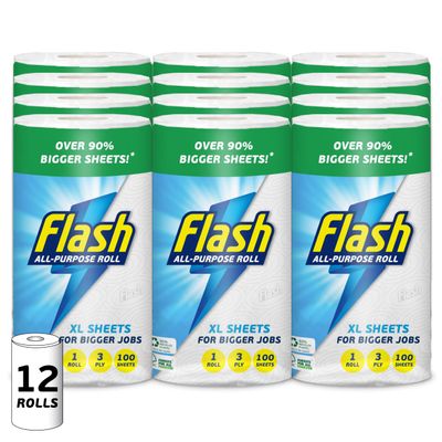 Flash Extra Large Kitchen Rolls - 12 Rolls, 3-Ply Strength, 100 Sheets/Roll, Super Absorbent & Strong, FSC Certified, Made in The UK, Perfect for Cleaning & Spills, Biodegradable
