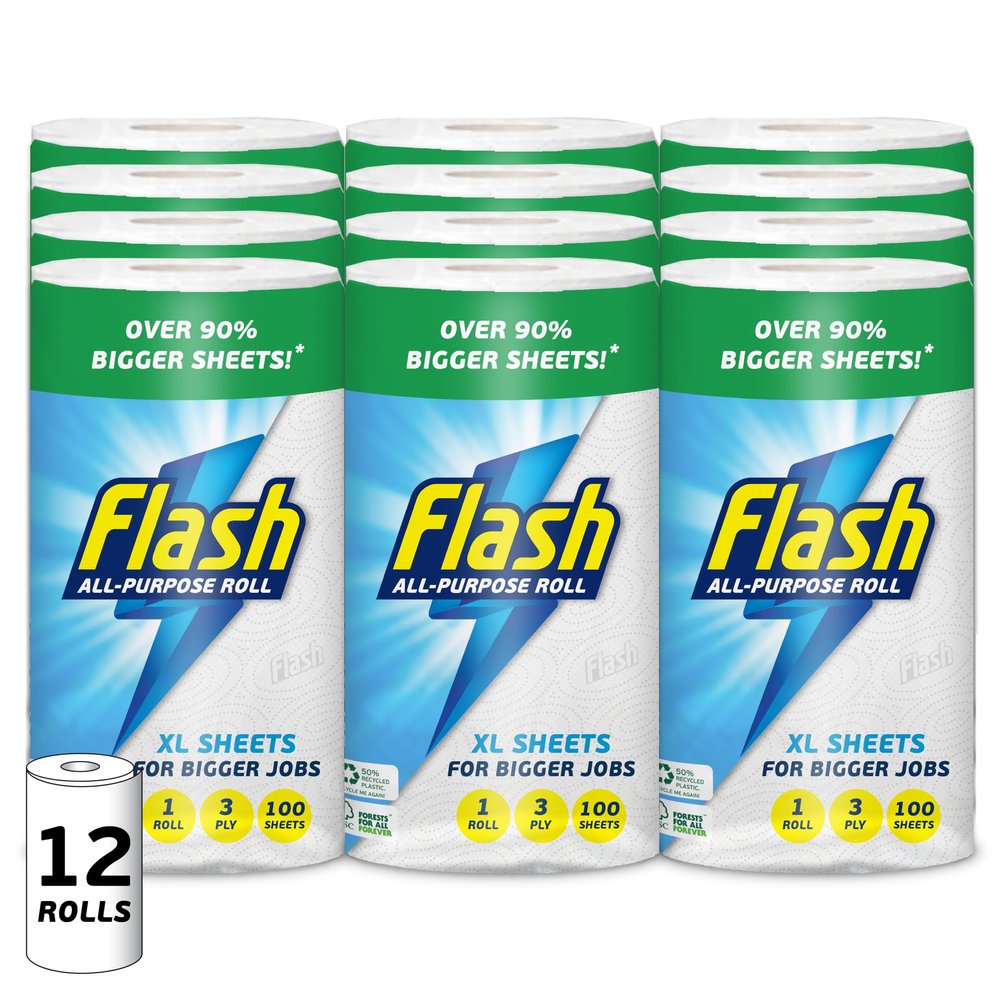 Flash Extra Large Kitchen Rolls - 12 Rolls, 3-Ply Strength, 100 Sheets/Roll, Super Absorbent & Strong, FSC Certified, Made in The UK, Perfect for Cleaning & Spills, Biodegradable