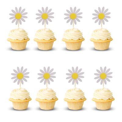 Arthsdite 24Pcs Daisy Cupcake Toppers Flower Cake Topper Decorations Daisy Cake Decorations Chrysanthemum Cupcake Toppers Spring Daisy Flower Cake Picks for Birthday Wedding Supplies - White