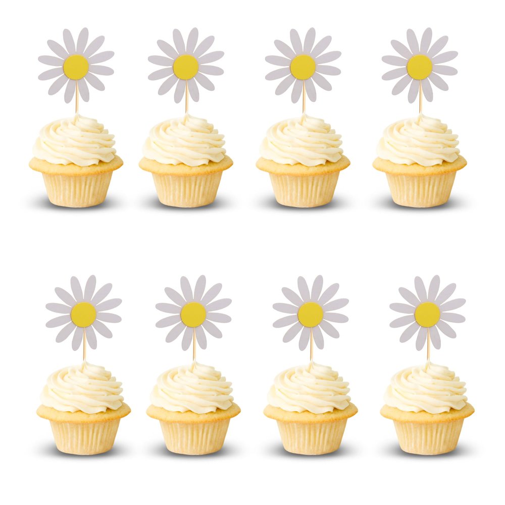 Arthsdite 24Pcs Daisy Cupcake Toppers Flower Cake Topper Decorations Daisy Cake Decorations Chrysanthemum Cupcake Toppers Spring Daisy Flower Cake Picks for Birthday Wedding Supplies - White