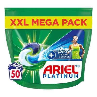 Ariel Platinum Washing Pods + Febreze Odour Defence All in 1 Pods, Mega Pack, 50 Wash