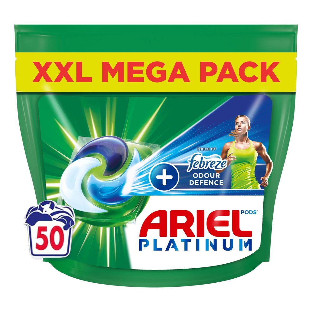 Ariel Platinum Washing Pods + Febreze Odour Defence All in 1 Pods, Mega Pack, 50 Wash