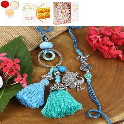 Ghasitaram Gifts Jaiccha Rakhi for Brother Rakhis Online LS24-088- Oxidized Peacock Bhaiya Bhabhi Rakhi with 200 GMS of Besan Barfi and 200 GMS of Kaju Katli