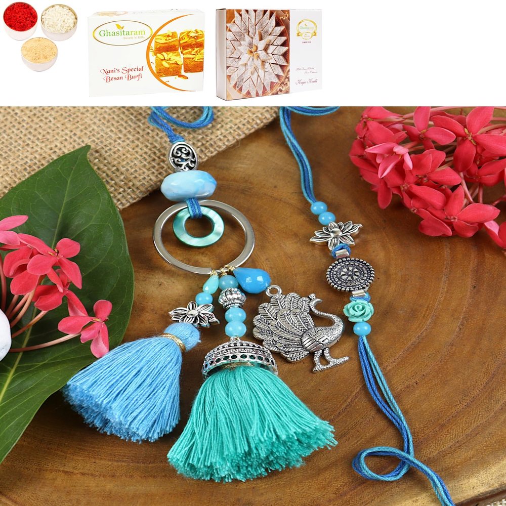 Ghasitaram Gifts Jaiccha Rakhi for Brother Rakhis Online LS24-088- Oxidized Peacock Bhaiya Bhabhi Rakhi with 200 GMS of Besan Barfi and 200 GMS of Kaju Katli
