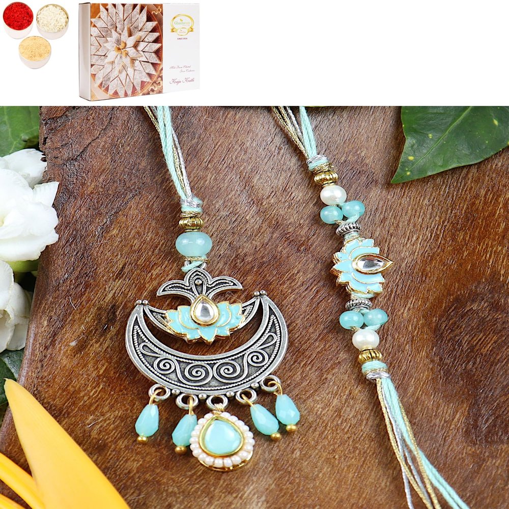 Ghasitaram Gifts Jaiccha Rakhi for Brother Rakhis Online LS24-049- Metal and Kundan Bhaiya Bhabhi Rakhi with 200 GMS of Kaju katli