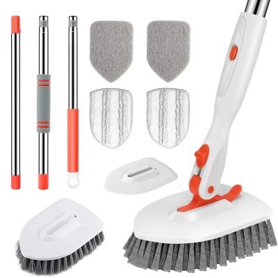 3 in 1 Tub Tile Scrubber Brush with 133cm Adjustable Long Handle,Bathroom Tile Cleaner Shower Scrubber Cleaning Brush with Locking Head,Floor Scrub Brush 3 Replacement Head for Bathroom Kitchen Toilet