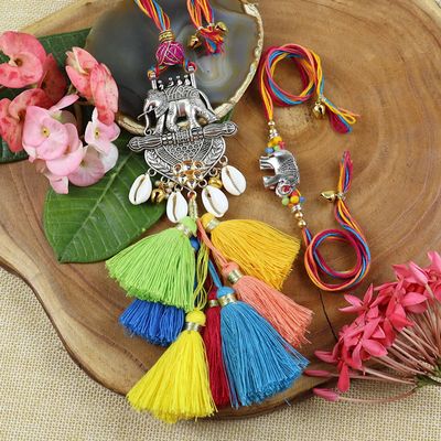 Ghasitaram Gifts Jaiccha Rakhi for Brother Rakhis Online LS24-003-Metal Elephant with Multi Tassel Bhaiya Bhabhi Rakhi
