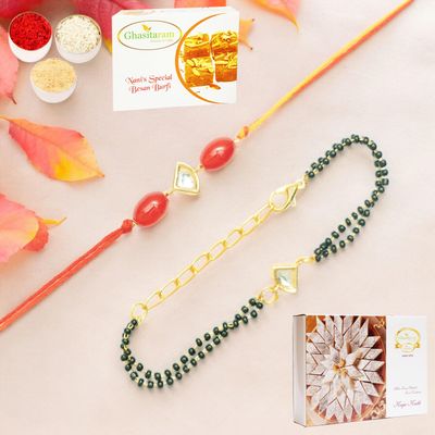 Ghasitaram Gifts Jaiccha Rakhi for Brother Rakhis Online Rmj- 4512 Bhaiya Bhabhi Rakhis with 200 GMS of Besan Barfi and 200 GMS of Kaju Katli