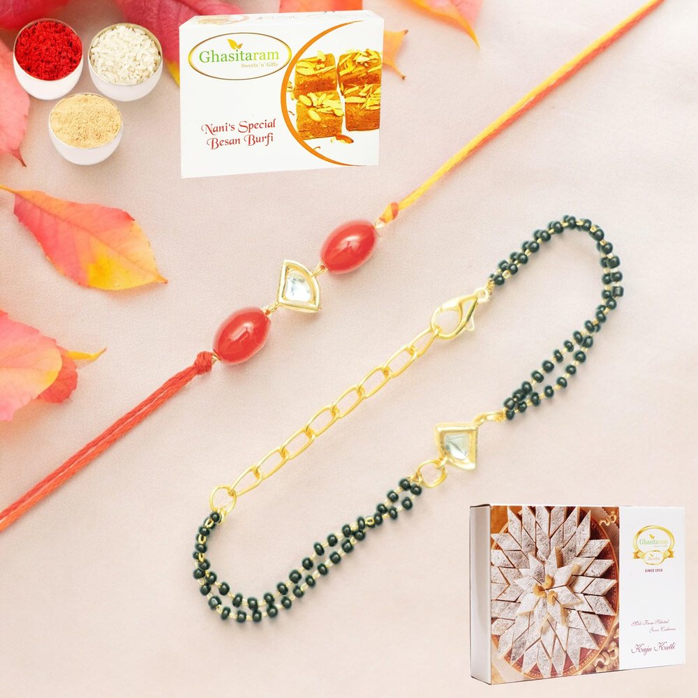 Ghasitaram Gifts Jaiccha Rakhi for Brother Rakhis Online Rmj- 4512 Bhaiya Bhabhi Rakhis with 200 GMS of Besan Barfi and 200 GMS of Kaju Katli
