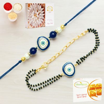 Ghasitaram Gifts Jaiccha Rakhi for Brother Rakhis Online Rmj- 5012 Bhaiya Bhabhi Rakhis with 200 GMS of Besan Barfi and 200 GMS of Kaju Katli