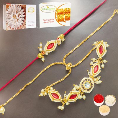 Ghasitaram Gifts Jaiccha Rakhi for Brother Rakhis Online Rmj- 10012 Bhaiya Bhabhi Rakhis with 200 GMS of Besan Barfi and 200 GMS of Kaju Katli
