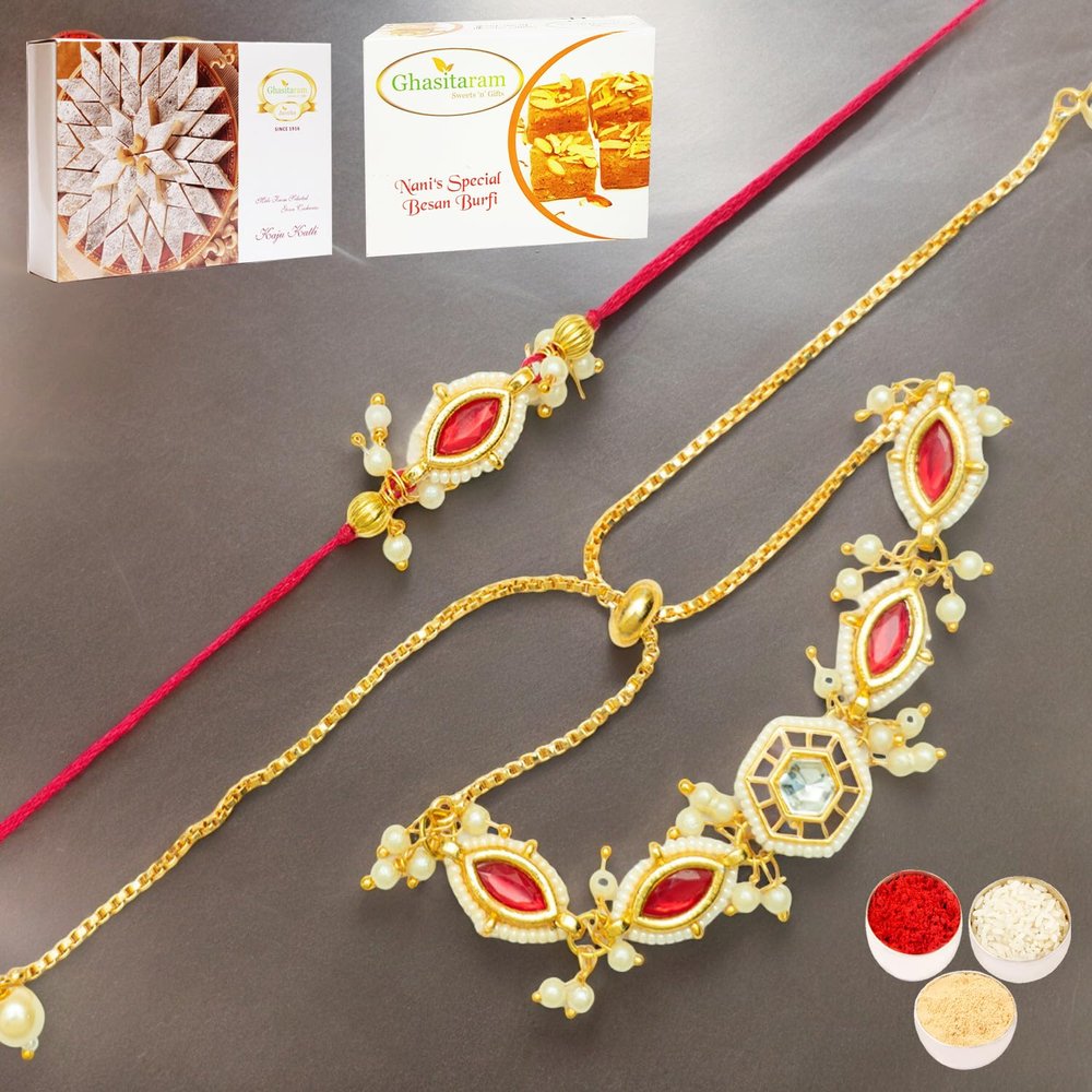 Ghasitaram Gifts Jaiccha Rakhi for Brother Rakhis Online Rmj- 10012 Bhaiya Bhabhi Rakhis with 200 GMS of Besan Barfi and 200 GMS of Kaju Katli