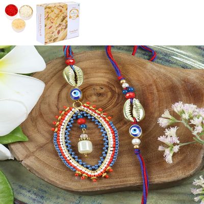 Ghasitaram Gifts Jaiccha Rakhi for Brother Rakhis Online LS24-026- Handbeaded Evil Eye Bhaiya Bhabhi Rakhi with 200 GMS of Soan Papdi