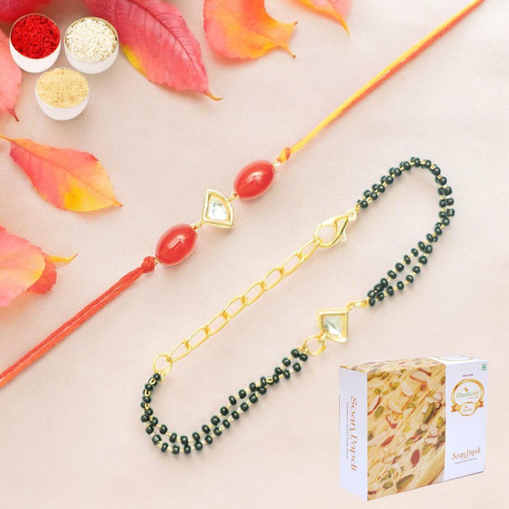 Ghasitaram Gifts Jaiccha Rakhi for Brother Rakhis Online Rmj- 4512 Bhaiya Bhabhi Rakhis with 400 GMS of Soan Papdi
