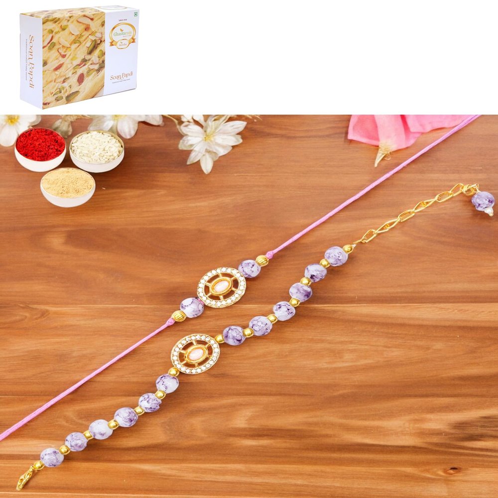 Ghasitaram Gifts Jaiccha Rakhi for Brother Rakhis Online Rmj-6012 Bhaiya Bhabhi Rakhis with 400 GMS of Soan Papdi