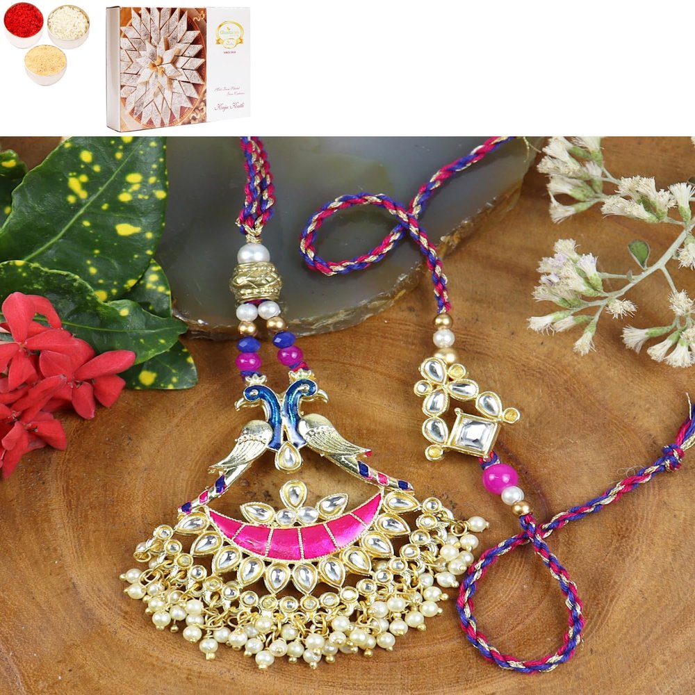 Ghasitaram Gifts Jaiccha Rakhi for Brother Rakhis Online LS24-045-Kundan Meenakari Bhaiya Bhabhi Rakhi with 400 GMS of Kaju katli