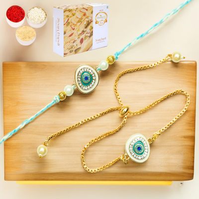 Ghasitaram Gifts Jaiccha Rakhi for Brother Rakhis Online Rmj-6512 Bhaiya Bhabhi Rakhis with 400 GMS of Soan Papdi