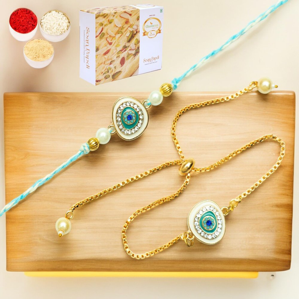Ghasitaram Gifts Jaiccha Rakhi for Brother Rakhis Online Rmj-6512 Bhaiya Bhabhi Rakhis with 400 GMS of Soan Papdi