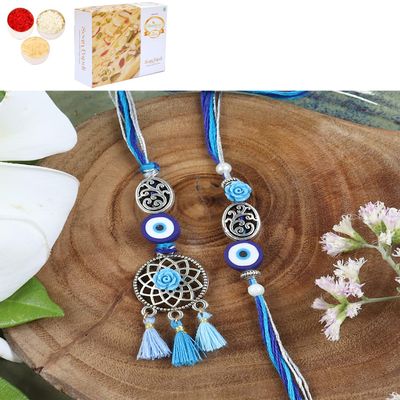 Ghasitaram Gifts Jaiccha Rakhi for Brother Rakhis Online LS24-065-Oxidized Evil eye Bhaiya Bhabhi Rakhi with 200 gms of Soan Papdi