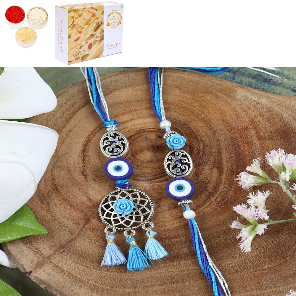 Ghasitaram Gifts Jaiccha Rakhi for Brother Rakhis Online LS24-065-Oxidized Evil eye Bhaiya Bhabhi Rakhi with 200 gms of Soan Papdi