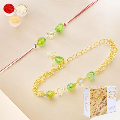 Ghasitaram Gifts Jaiccha Rakhi for Brother Rakhis Online Rmj-4512 Green Bhaiya Bhabhi Rakhis with 400 GMS of Soan Papdi