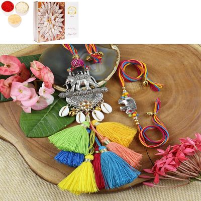Ghasitaram Gifts Jaiccha Rakhi for Brother Rakhis Online LS24-003-Metal Elephant with Multi Tassel Bhaiya Bhabhi Rakhi with 200 GMS of Kaju katli