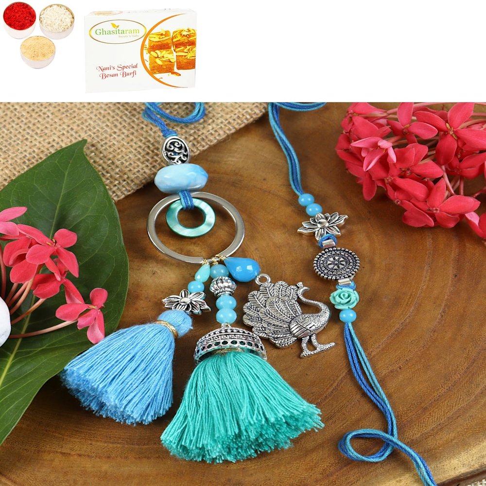 Ghasitaram Gifts Jaiccha Rakhi for Brother Rakhis Online LS24-088- Oxidized Peacock Bhaiya Bhabhi Rakhi with 400 GMS of Besan Barfi