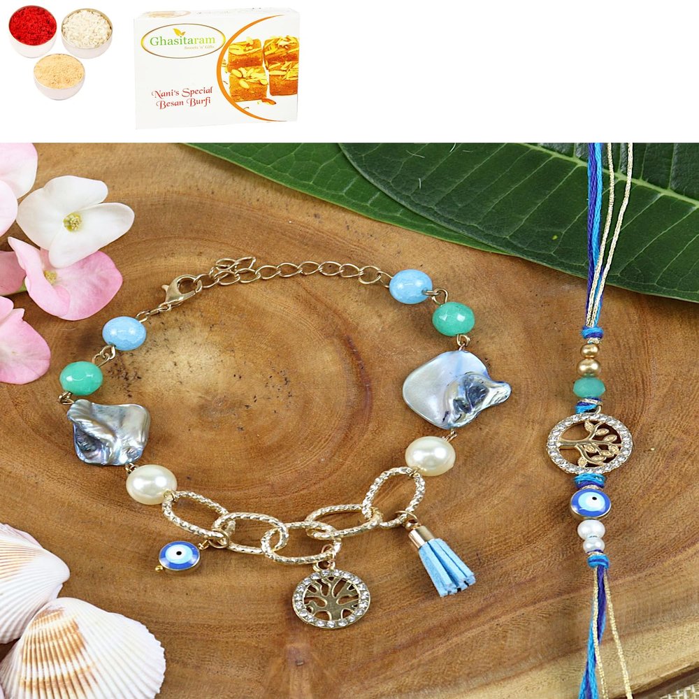 Ghasitaram Gifts Jaiccha Rakhi for Brother Rakhis Online BRS24-027- Evil Eye Tree of Life Bhaiya Bhabhi Rakhi with 400 GMS of Besan Barfi