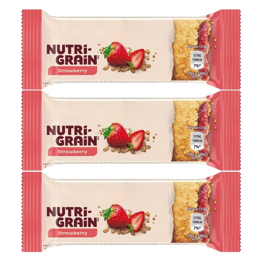 Kelloggs Nutrigrain 37g Bar Strawberry Filling Pack of 3 Vegetarian Cereal Wholegrain Wheat Oat Baked Breakfast Snack Vitamin B Minerals with Welari Thank You Card | (3pack) (111g)