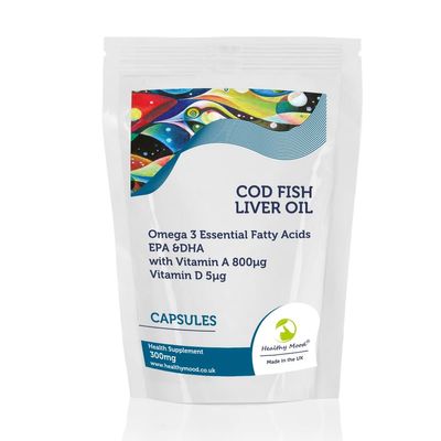 Cod Liver Oil 300mg High Strength Cod 60 Capsules: Vitamin A, D3, Omega 3 EPA DHA Fish Oil - UK-Made Health Supplements