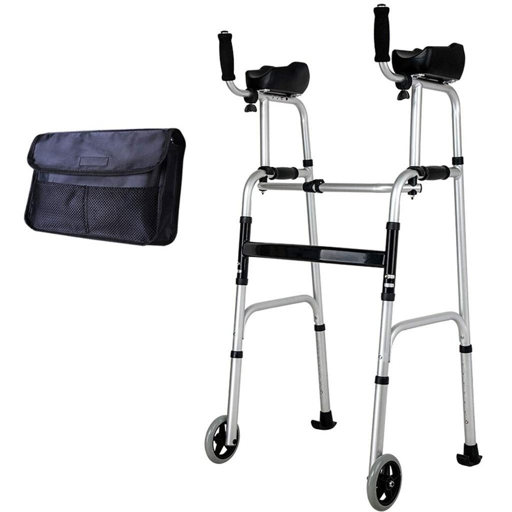 Wheel Walking Frame with Armrest Support Pad/Folding Lightweight Aluminium - Adjustable Height - Disabled Elderly Walk Auxiliary - Lower Limb Rehabilitation traini