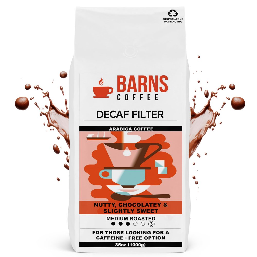 Barns Coffee | Decaf Filter Coffee Beans - 1kg | Medium Roast | Intensity Level 3 | Rich Flavoured