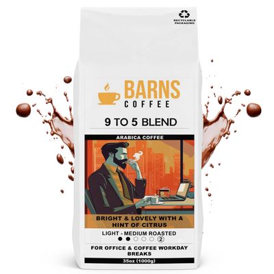 Barns Coffee | 9 To 5 Coffee Beans - 1kg| Light - Medium Roast | Intensity Level 2 | Rich Flavoured