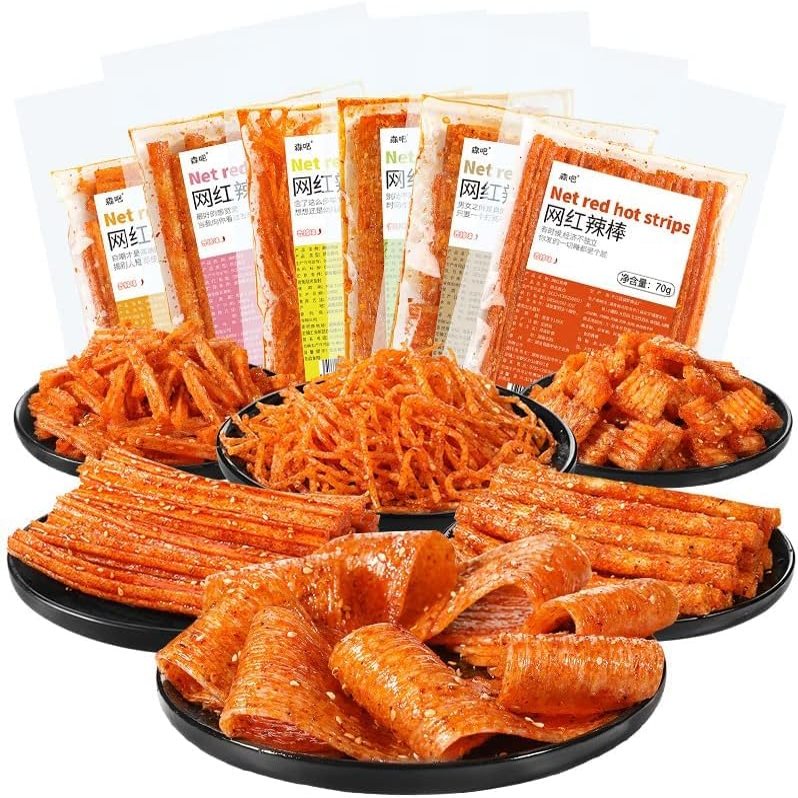 Chinese Latiao handmade spicy sticks 70g, internet celebrity spicy bar gift pack, vegetarian, big gluten, spicy slices, konjac shreds, Hunan specialty food, spicy casual snacks (6 Flavor Mix,2 pack)
