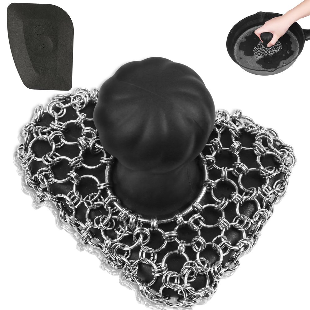 Cast Iron Scrubber with Handle | Dish Metal Scrubber | 316 Cast Iron Cleaner Chainmail Scrubber for Cast Iron Pan Skillet- Iron Scrub Brush Steel Wool Scrubber Cleaning Kit (1 Scrub + 1 Scraper)