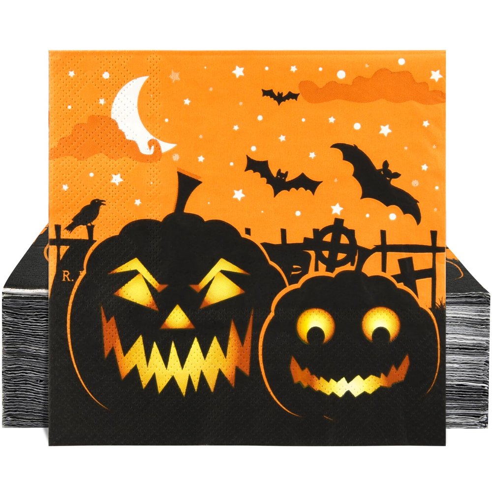 100PCS Halloween Napkins Paper Pumpkins Cocktail Beverage Lunch Dinner Napkins Black Orange Party Supplies Decorations 3 Ply Disposable Guest Kids Hand Towel Cute Bat