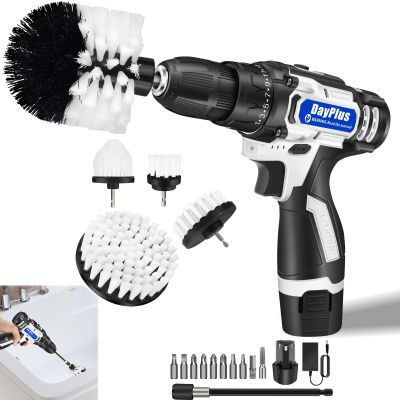 2-in-1 Cordless Drill Tool Kit Set, 16.8V Power Drill Professional Household Hand Tool Kit with 10-Piece Bits for DIY Repair, 5-Piece Power Scrubber Brushes for Cleaning Floor Car Bathroom Kitchen
