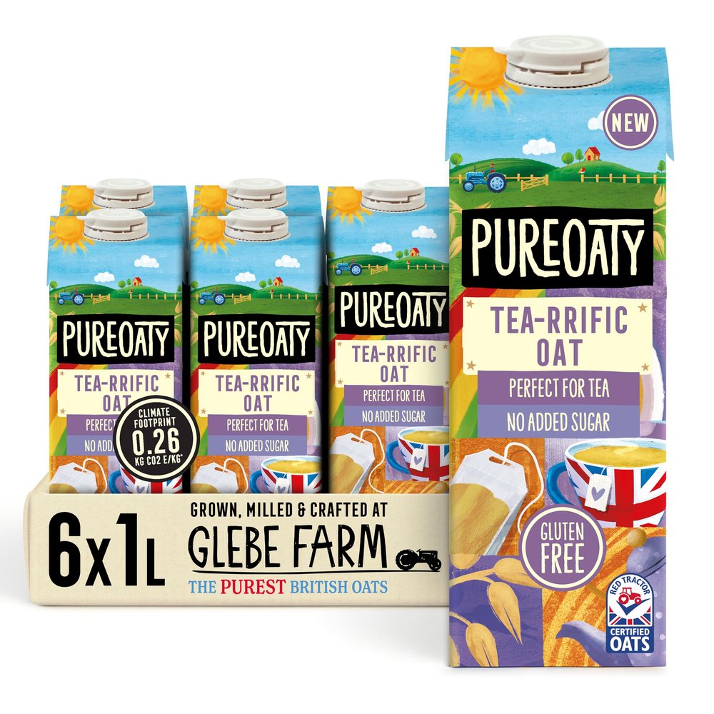 Glebe Farm PureOaty Tea-riffic Oat Drink | Dairy-Free & Gluten-Free | Oat Milk Crafted for Tea | Non-Splitting Formula | Vegan Oat Milk, Tea-Specific, 1L Carton (6-Pack)