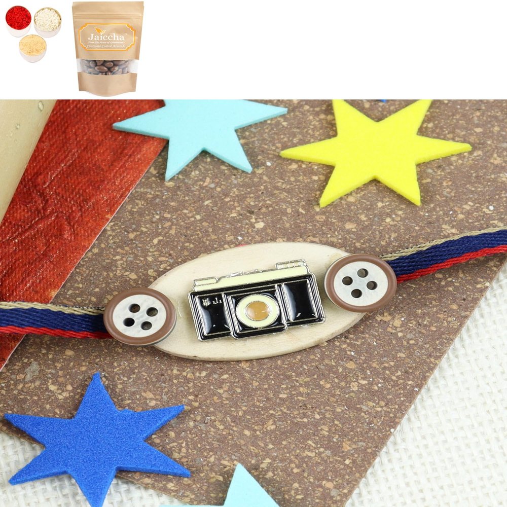 Ghasitaram Gifts Jaiccha Rakhi for Brother Rakhis Online KR23-135- Metal Charm Kids Rakhi with Chocolate Coated Almonds 200 GMS